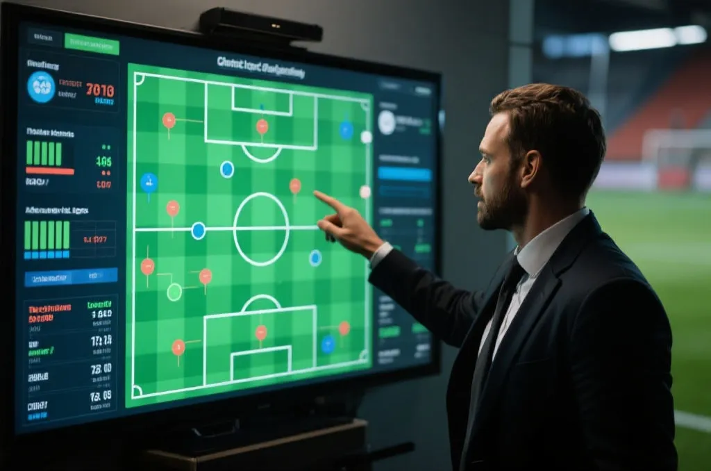 A professional football analyst pointing at a digital tactical board with tactical schemes and statistics