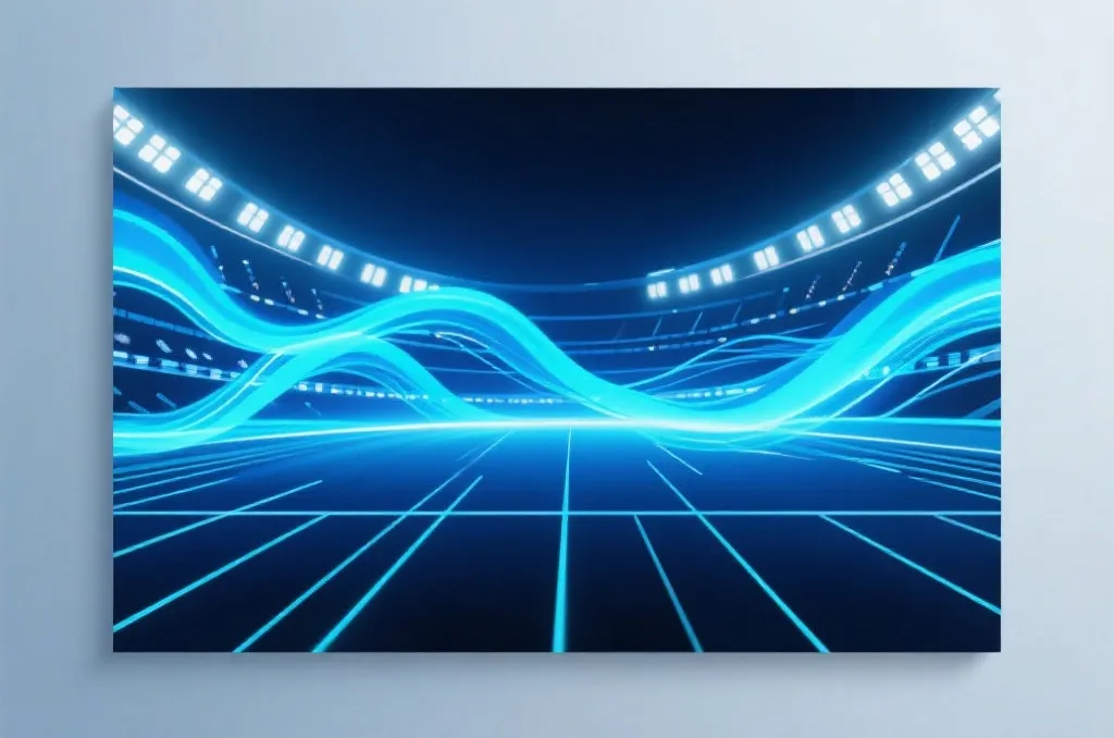 Abstract dynamic sports broadcast background with glowing blue waves, digital stadium lines, and fast motion vector art