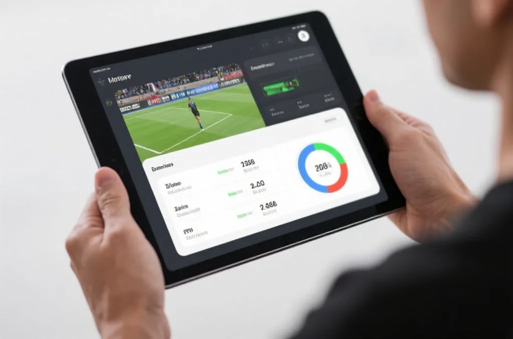 A person holding a tablet device showing a sleek interface with sports match statistics and live video screen, minimalist design